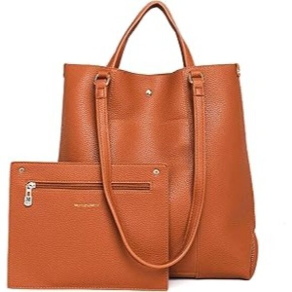 Montana West Textured Faux Leather Tote Bag With Detachable Pouch & Gold Accents - Picture 1 of 12